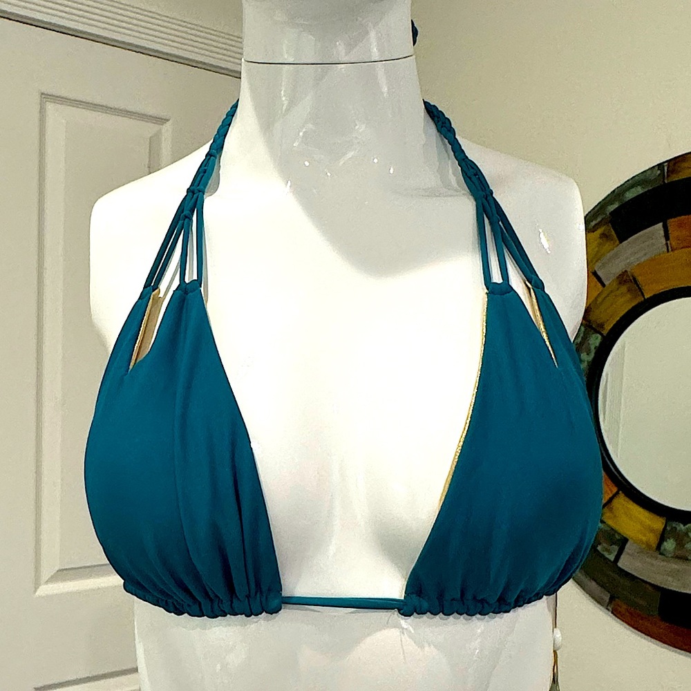 LULI FAMA Miami, NWT, handmade, reversible, teal and gold, string bikini top